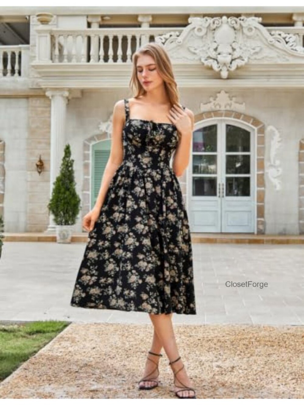 Women's Floral Corset Midi Dress with Pockets, Square Neck, Smocked Back, - Picture 2 of 6